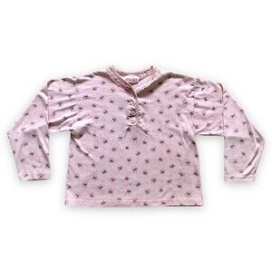 Vintage Little Lady Pink Floral Lace Henley Long Sleeve Shirt Feminine Coquette